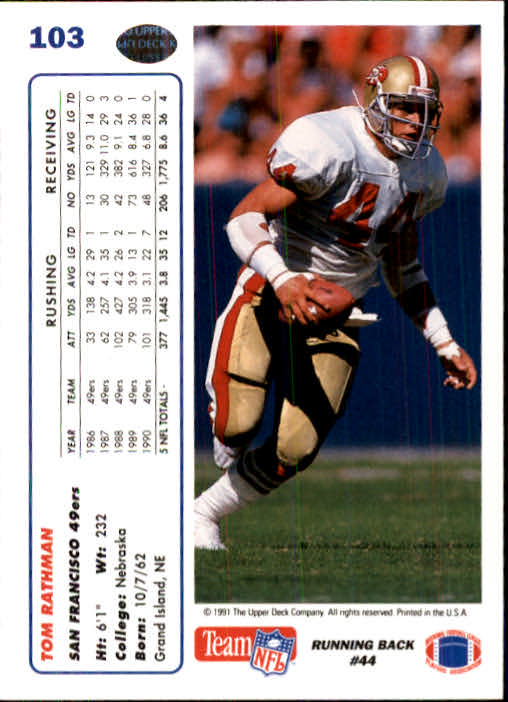 1991 Upper Deck Football "Main Set" Cards #1 to #250 Rookies and Veterans - Picture 205 of 495