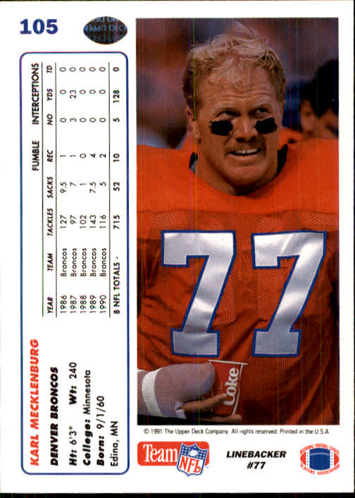 1991 Upper Deck Football "Main Set" Cards #1 to #250 Rookies and Veterans - Picture 209 of 495