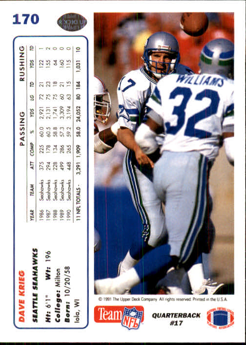 1991 Upper Deck Football "Main Set" Cards #1 to #250 Rookies and Veterans - Picture 337 of 495