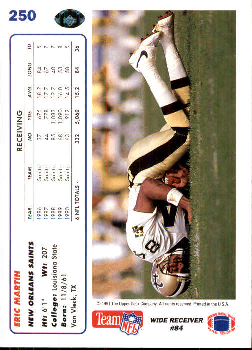 1991 Upper Deck Football "Main Set" Cards #1 to #250 Rookies and Veterans - Picture 495 of 495