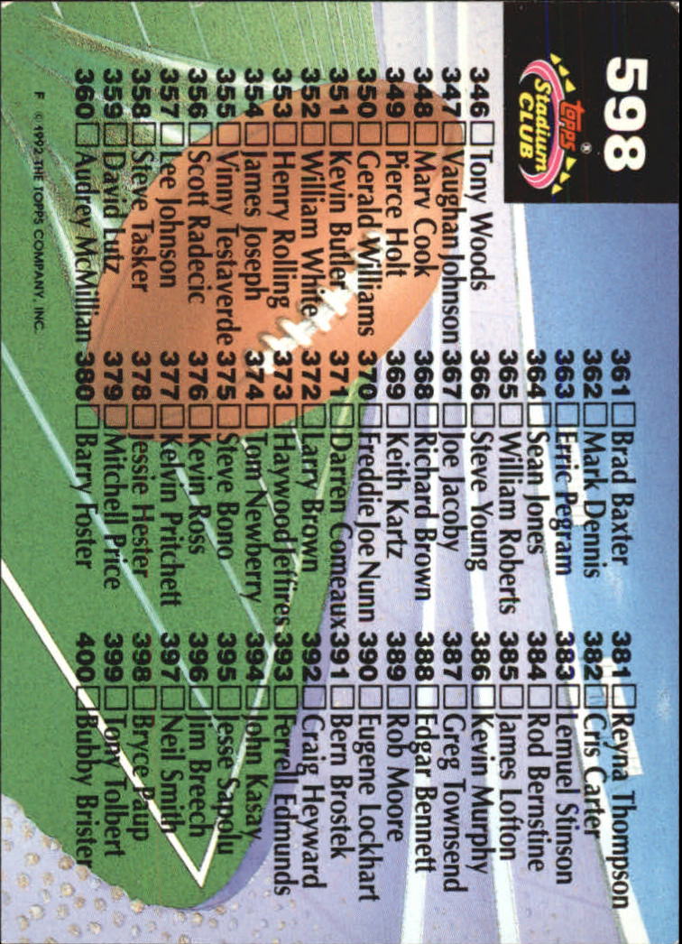 1992 Stadium Club Football "Main Set" Cards #401 to #635 Rookies and Veterans - Picture 393 of 399