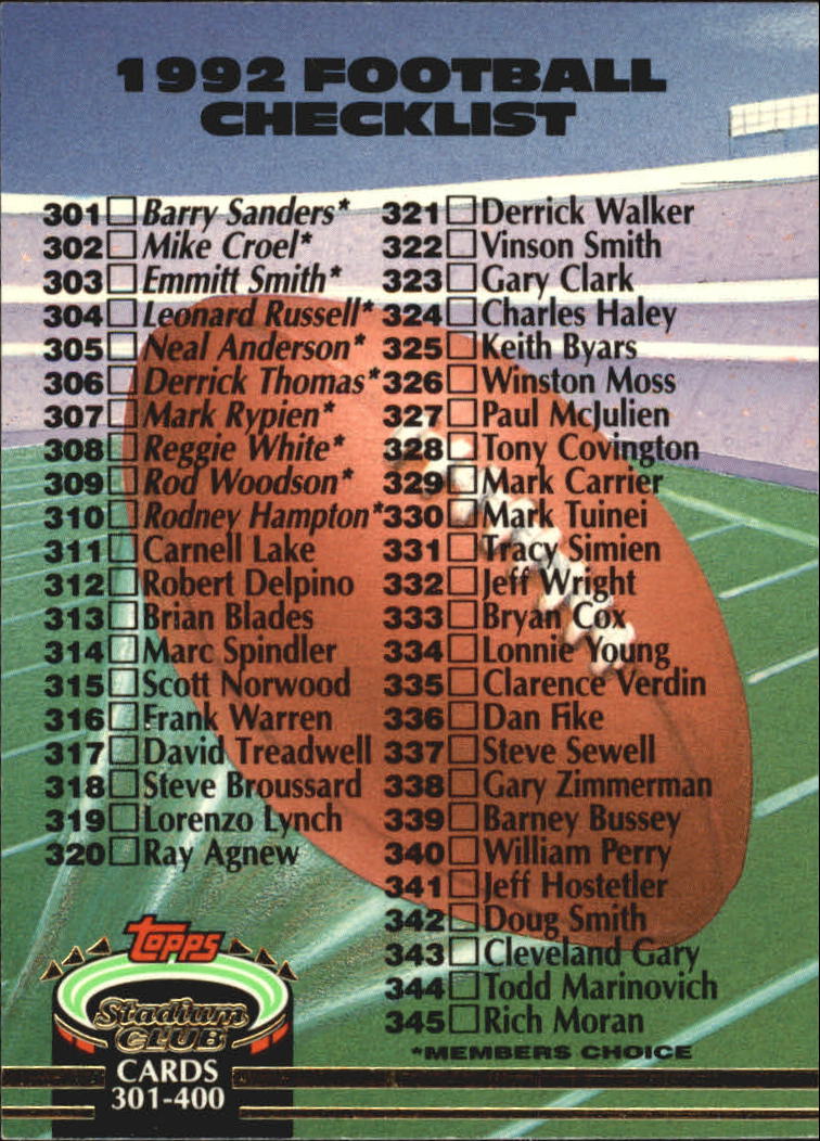 1992 Stadium Club Football "Main Set" Cards #401 to #635 Rookies and Veterans - Picture 392 of 399