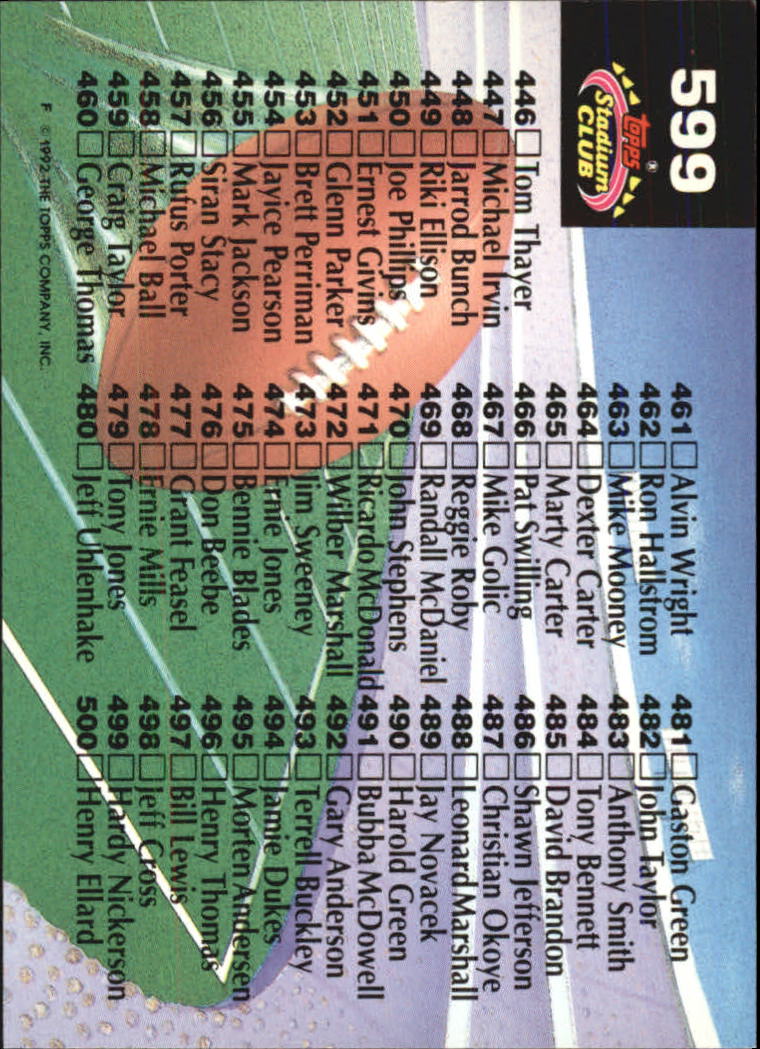 1992 Stadium Club Football "Main Set" Cards #401 to #635 Rookies and Veterans - Picture 395 of 399