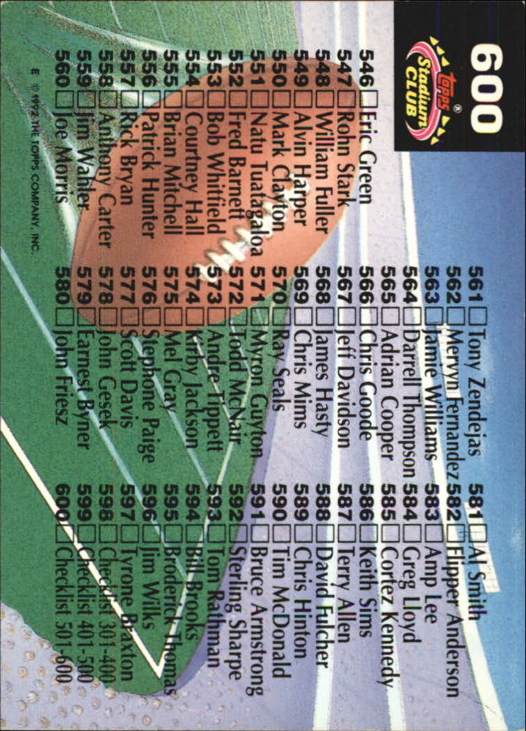 1992 Stadium Club Football "Main Set" Cards #401 to #635 Rookies and Veterans - Picture 397 of 399
