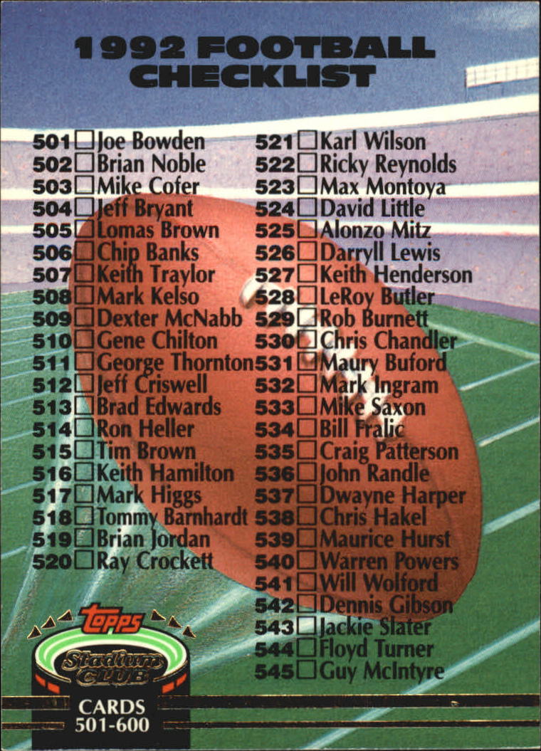 1992 Stadium Club Football "Main Set" Cards #401 to #635 Rookies and Veterans - Picture 396 of 399
