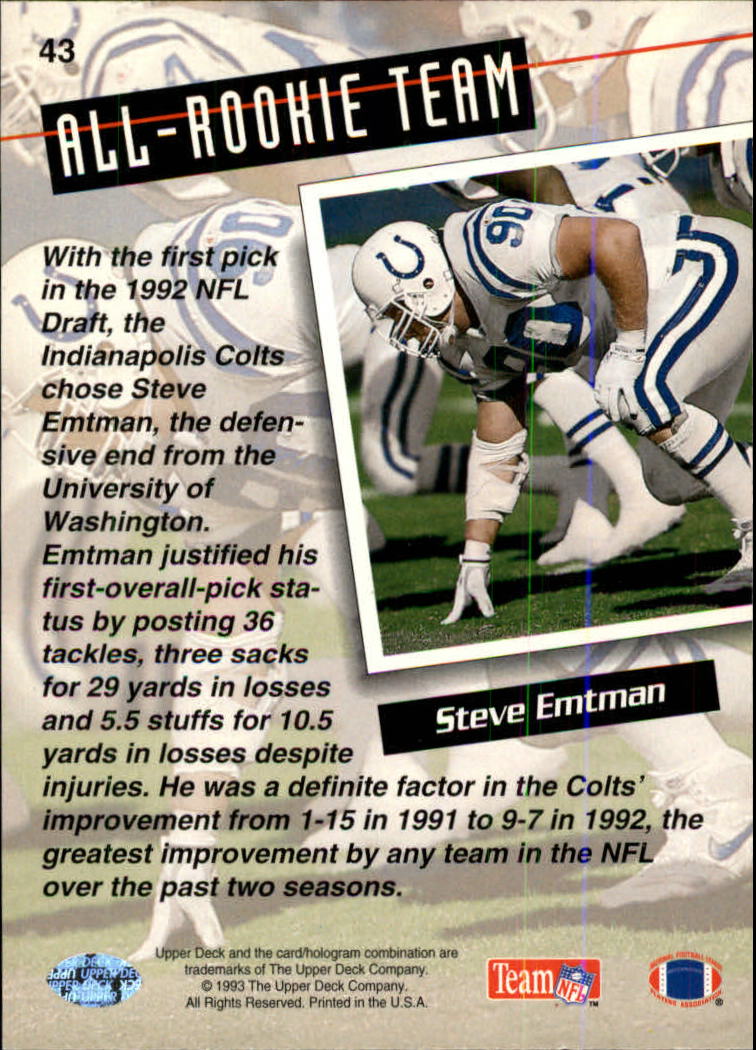 1993 Upper Deck Football "Main Set" Cards #1 to #250 Rookies and Veterans - Picture 85 of 499