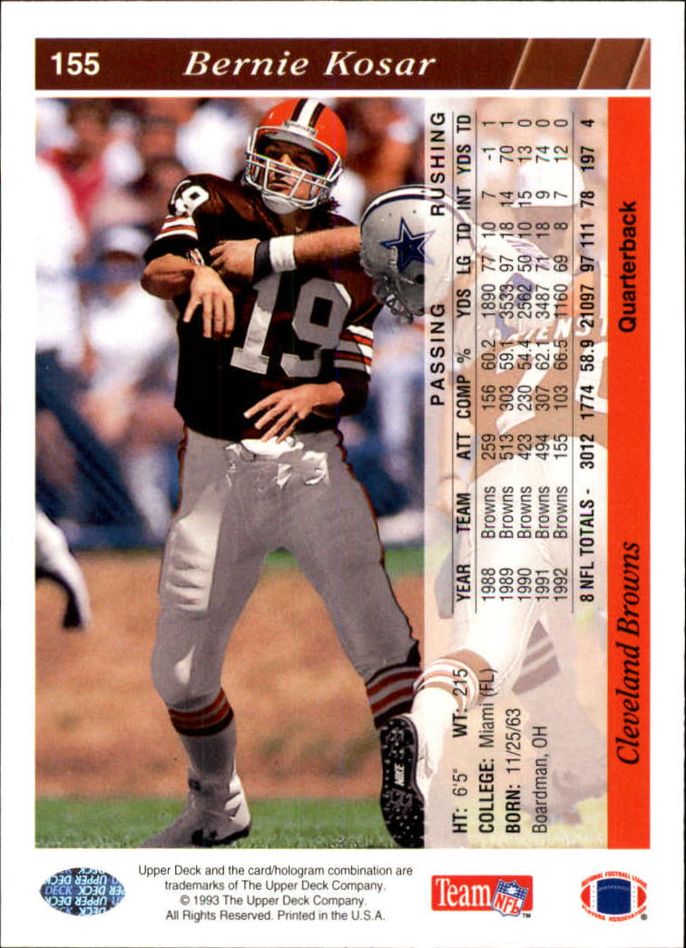 1993 Upper Deck Football "Main Set" Cards #1 to #250 Rookies and Veterans - Picture 309 of 499