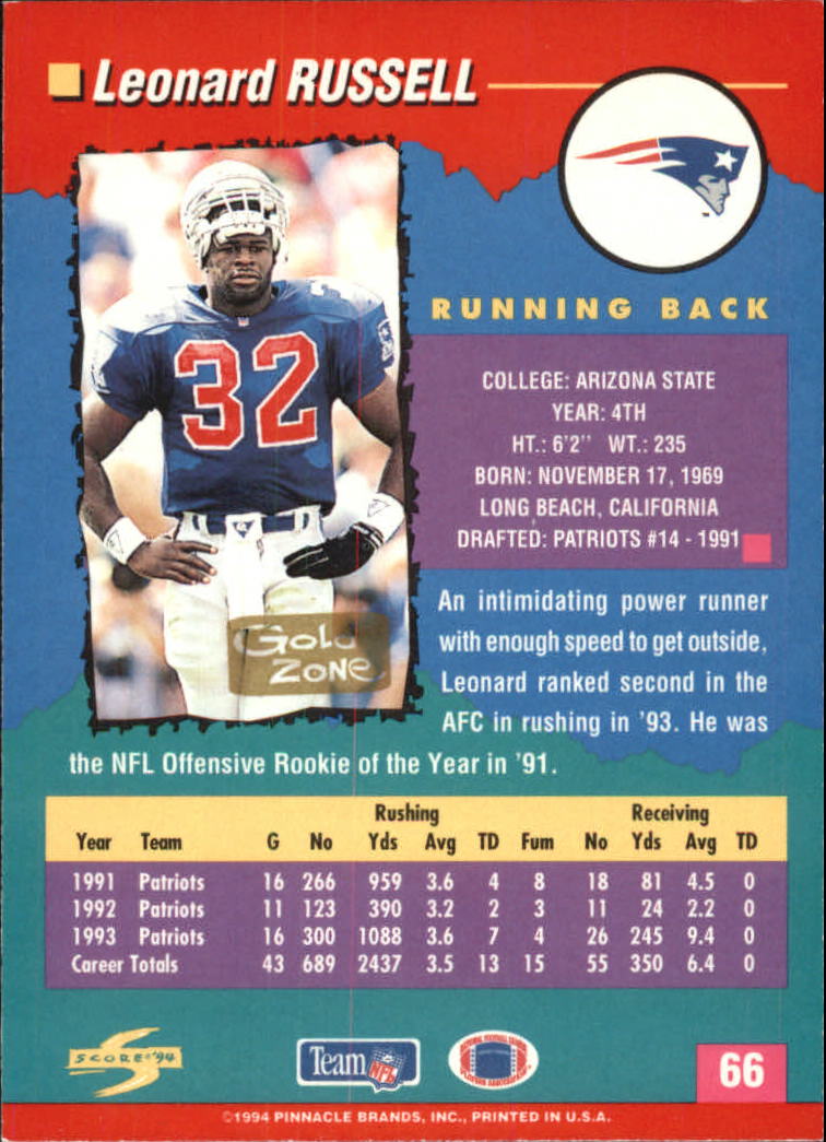 1994 Score Football "Gold Zone" Parallel Cards - Picture 51 of 189