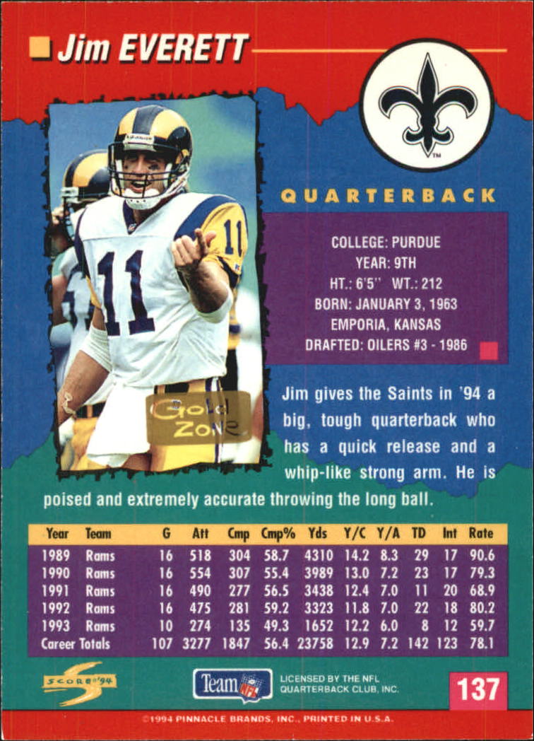 1994 Score Football "Gold Zone" Parallel Cards - Picture 87 of 189