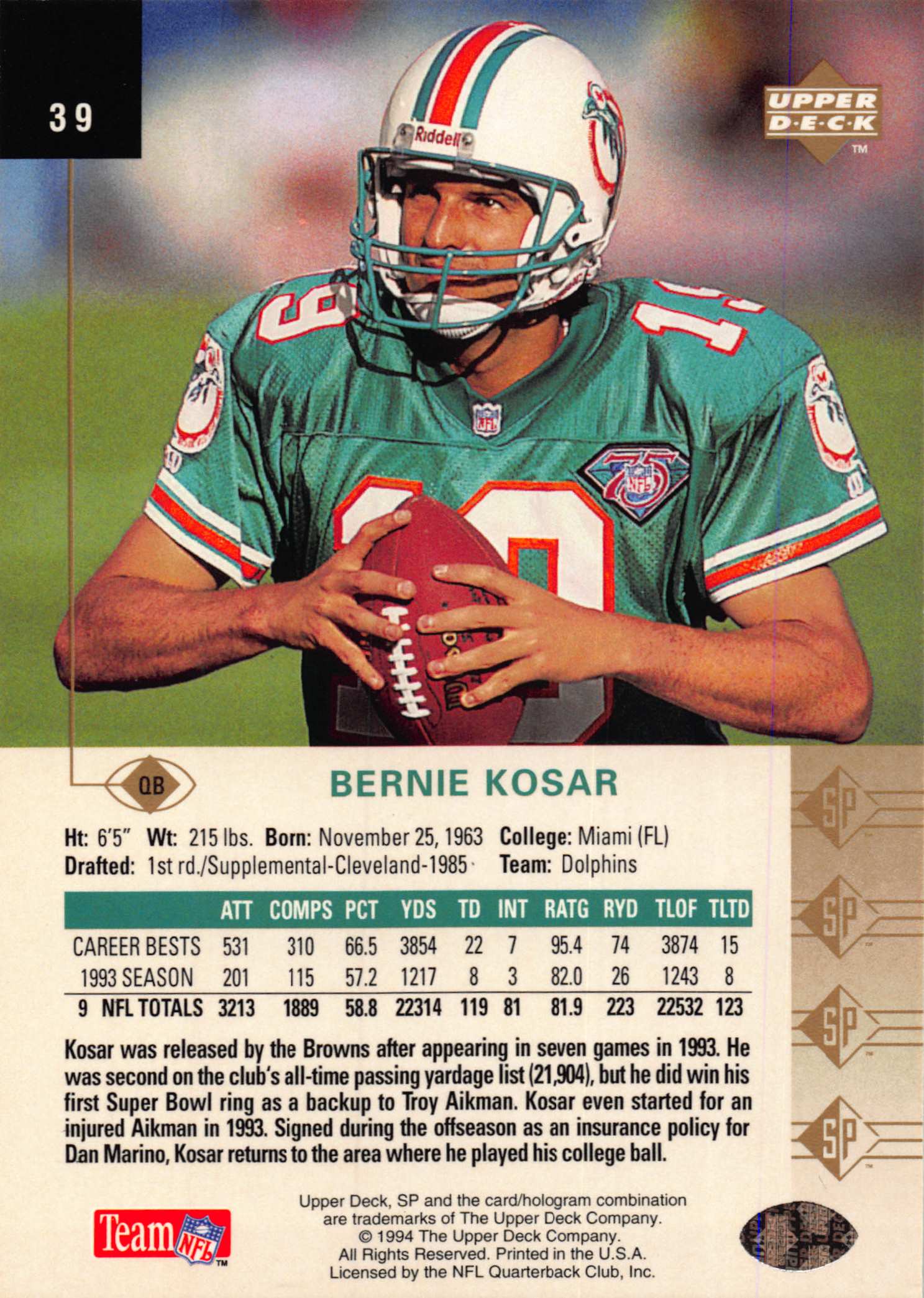 1994 SP (Upper Deck) Football "Main Set" Cards #1 to #200 Rookies and Veterans - Picture 74 of 393
