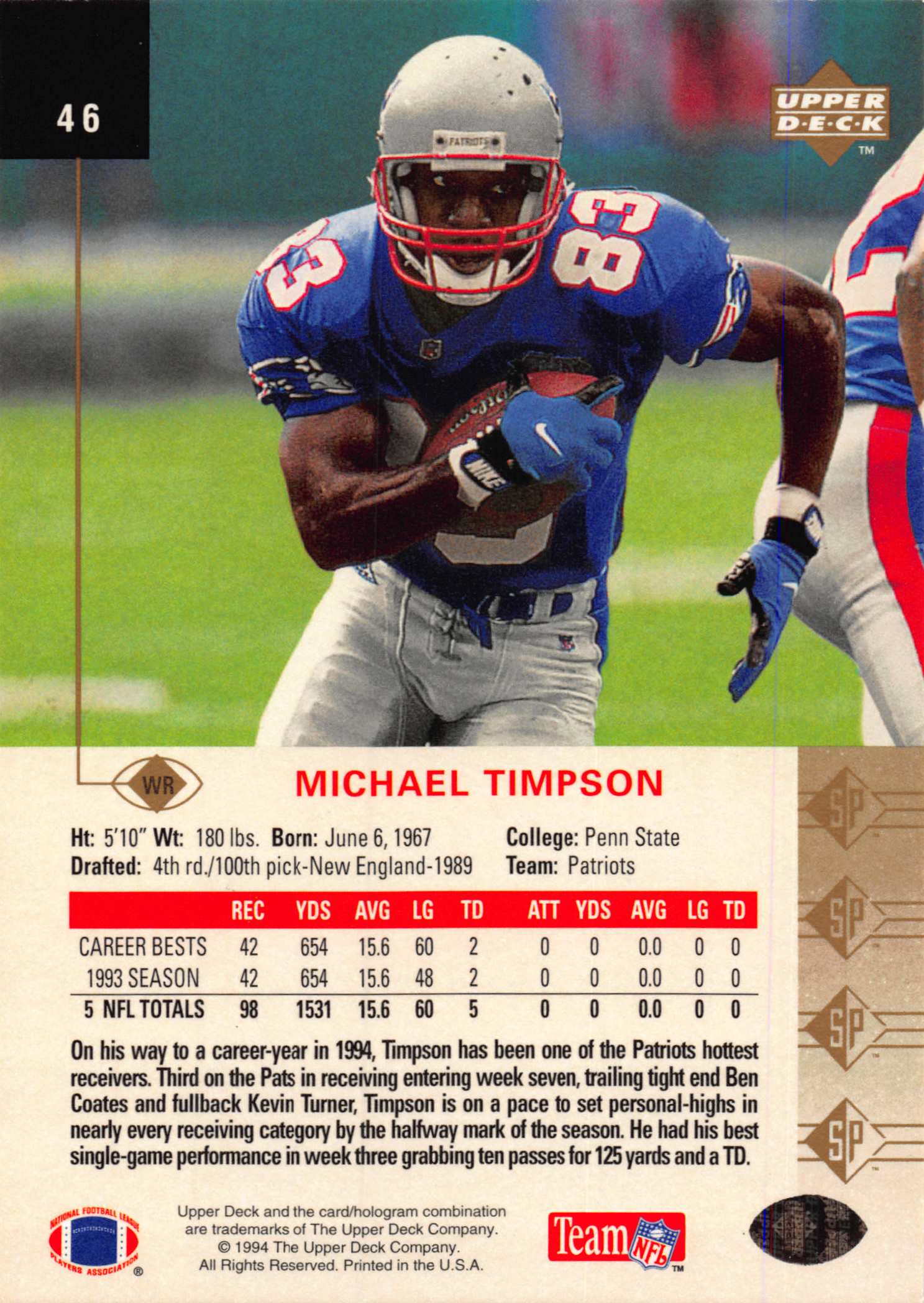 1994 SP (Upper Deck) Football "Main Set" Cards #1 to #200 Rookies and Veterans - Picture 88 of 393