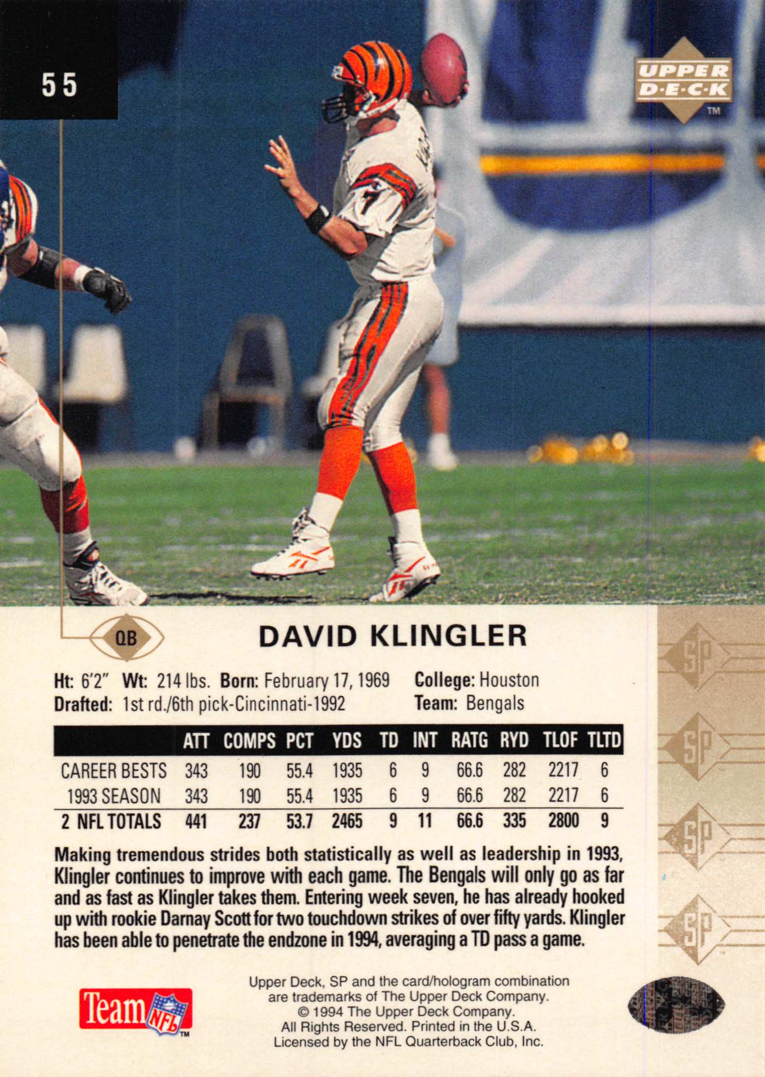 1994 SP (Upper Deck) Football "Main Set" Cards #1 to #200 Rookies and Veterans - Picture 105 of 393