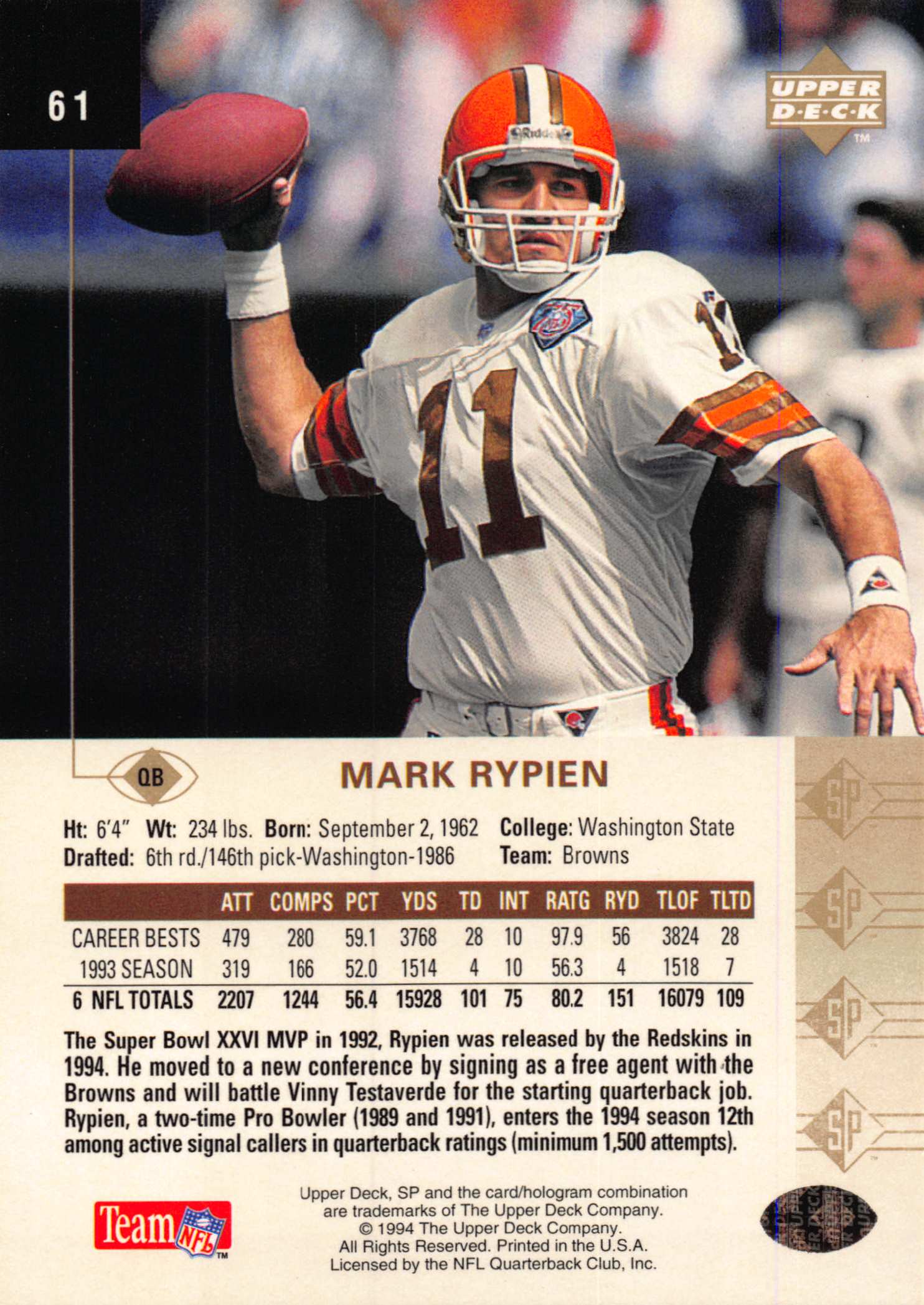 1994 SP (Upper Deck) Football "Main Set" Cards #1 to #200 Rookies and Veterans - Picture 117 of 393