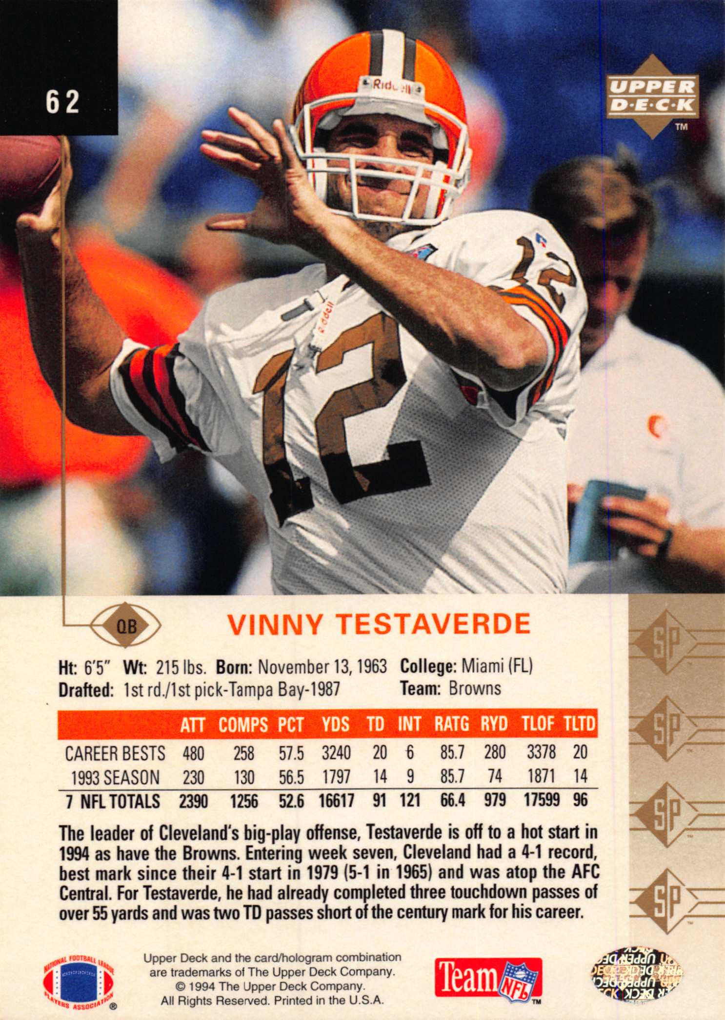 1994 SP (Upper Deck) Football "Main Set" Cards #1 to #200 Rookies and Veterans - Picture 119 of 393