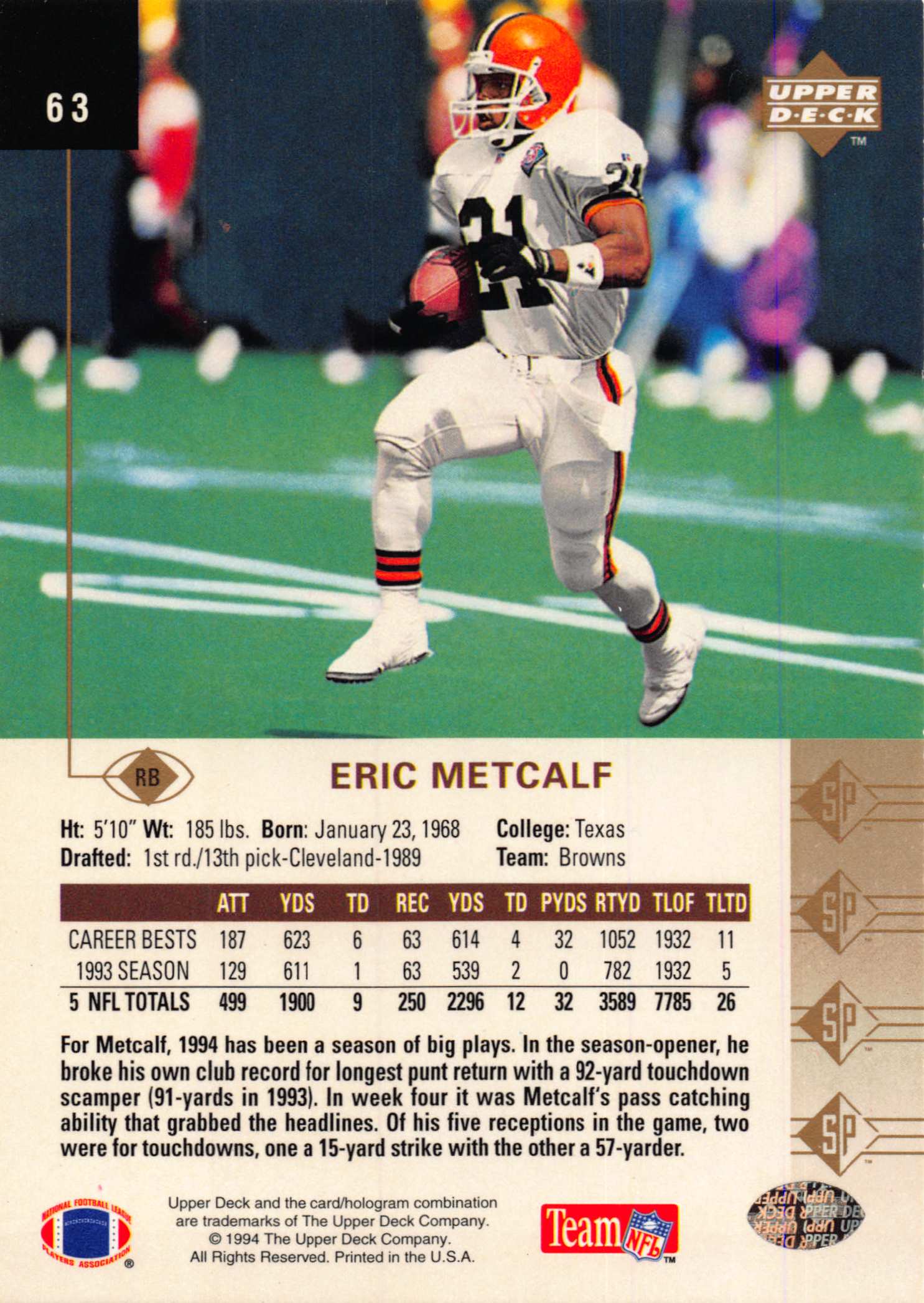 1994 SP (Upper Deck) Football "Main Set" Cards #1 to #200 Rookies and Veterans - Picture 121 of 393