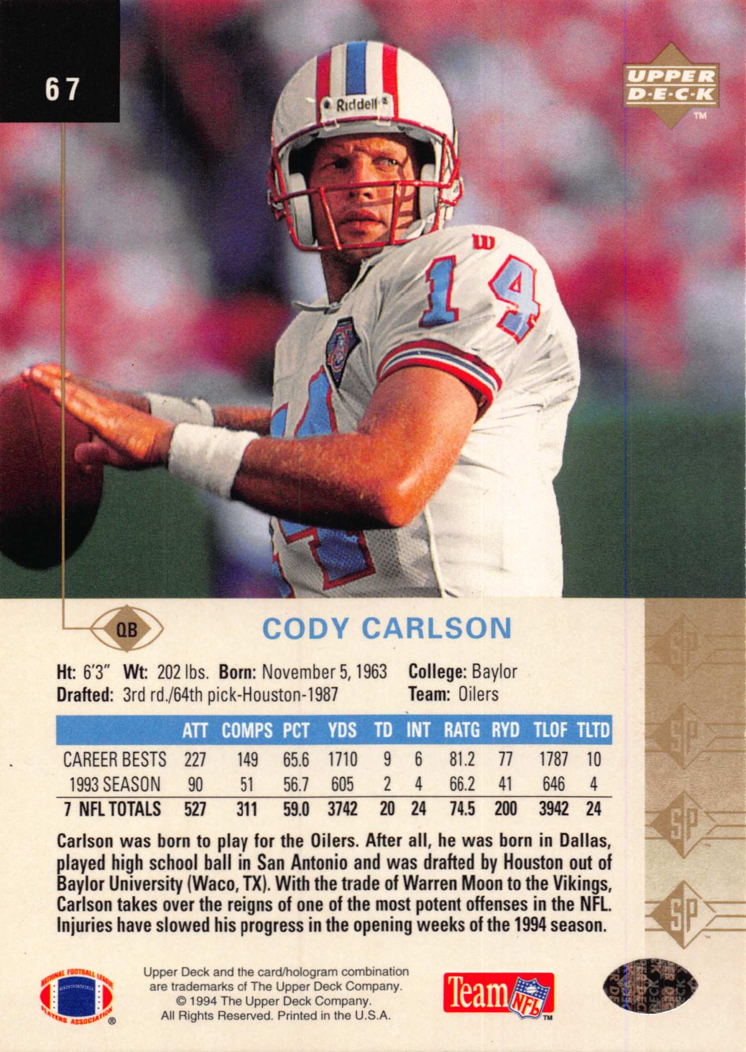 1994 SP (Upper Deck) Football "Main Set" Cards #1 to #200 Rookies and Veterans - Picture 129 of 393