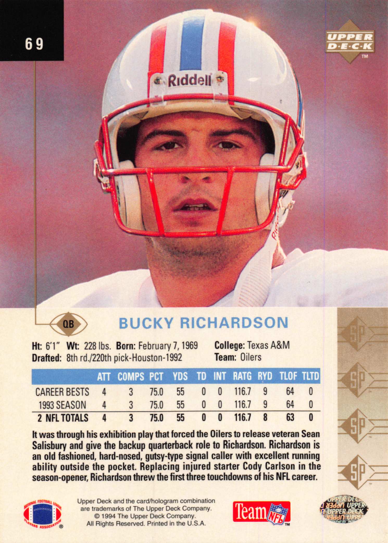 1994 SP (Upper Deck) Football "Main Set" Cards #1 to #200 Rookies and Veterans - Picture 133 of 393