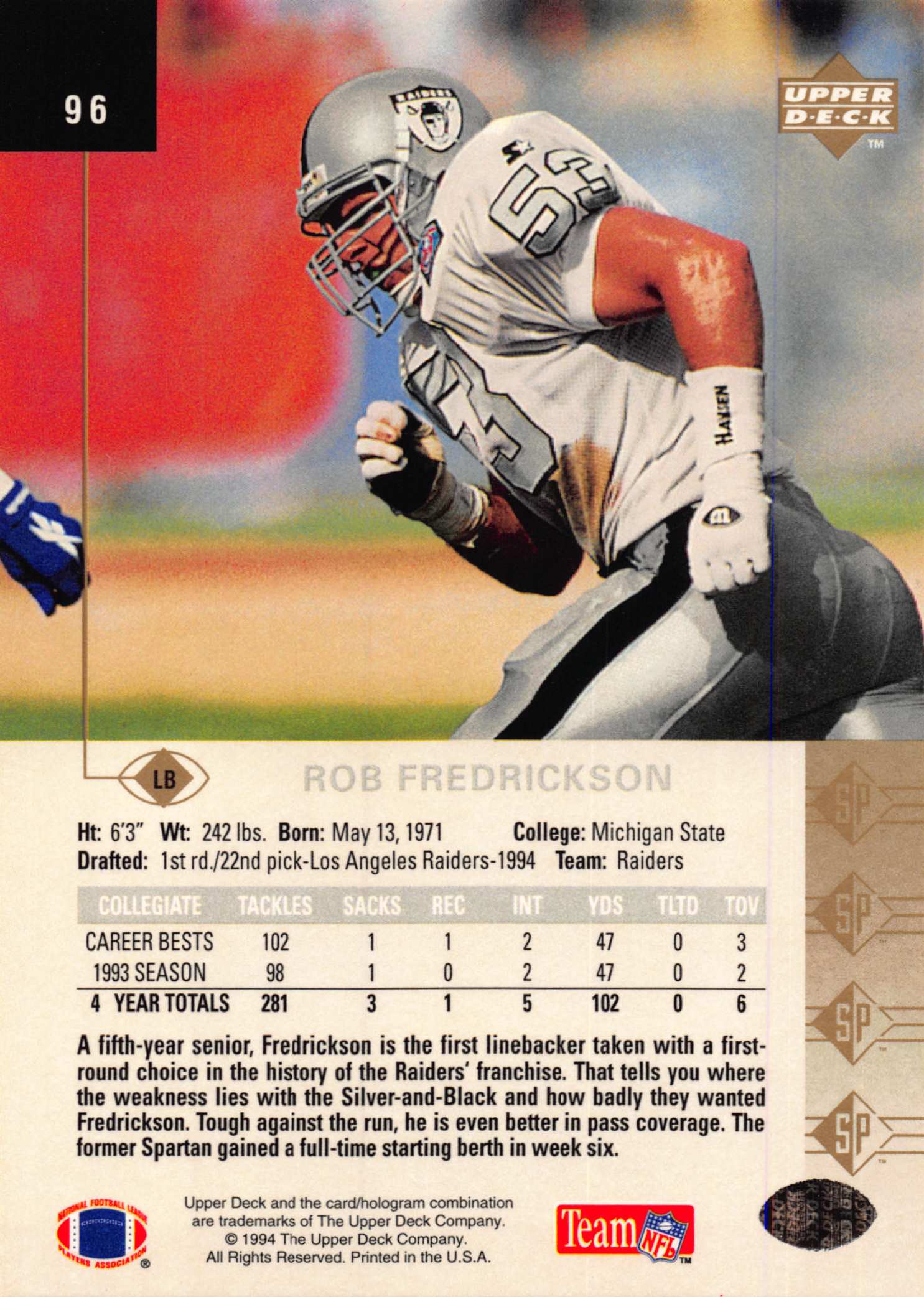 1994 SP (Upper Deck) Football "Main Set" Cards #1 to #200 Rookies and Veterans - Picture 187 of 393