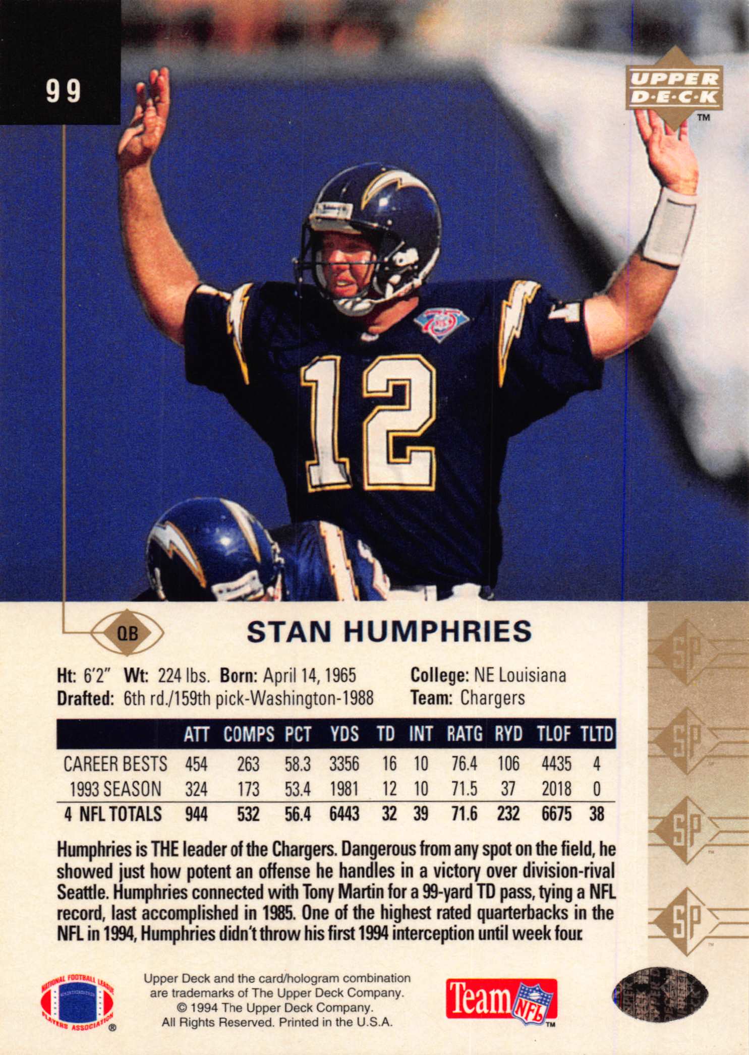 1994 SP (Upper Deck) Football "Main Set" Cards #1 to #200 Rookies and Veterans - Picture 193 of 393