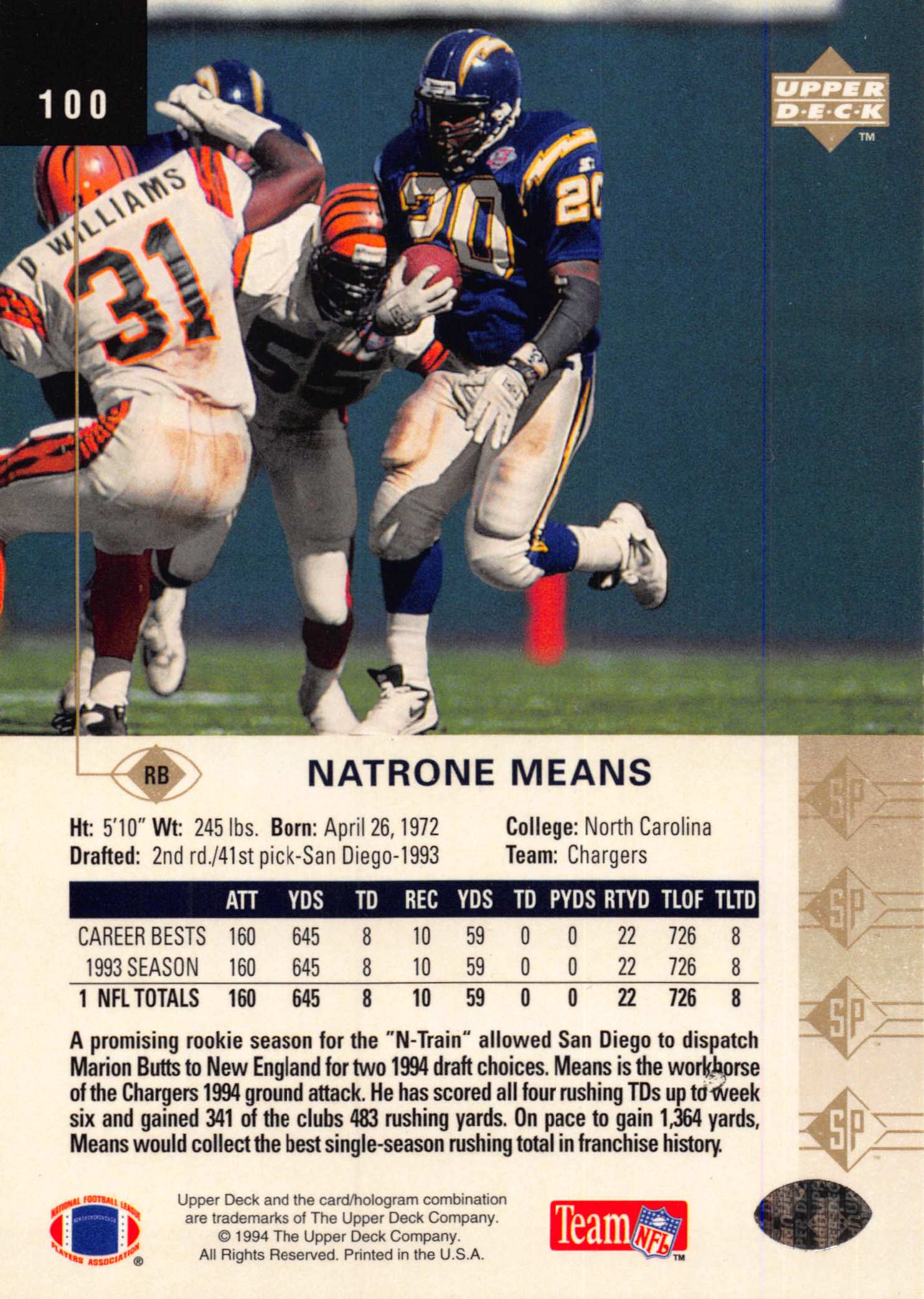 1994 SP (Upper Deck) Football "Main Set" Cards #1 to #200 Rookies and Veterans - Picture 195 of 393
