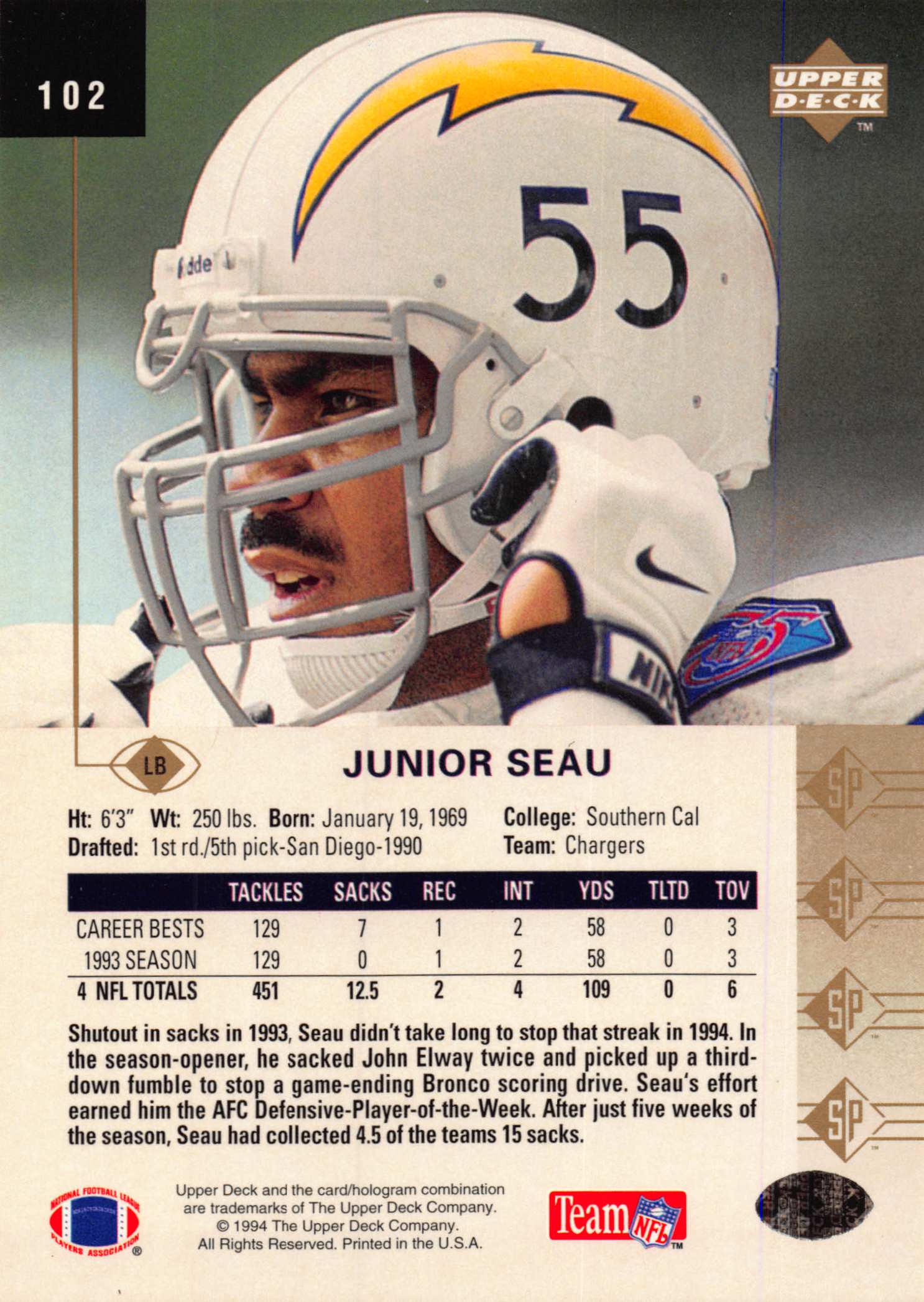 1994 SP (Upper Deck) Football "Main Set" Cards #1 to #200 Rookies and Veterans - Picture 199 of 393