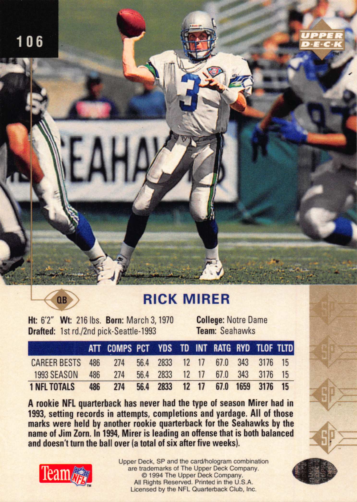 1994 SP (Upper Deck) Football "Main Set" Cards #1 to #200 Rookies and Veterans - Picture 207 of 393