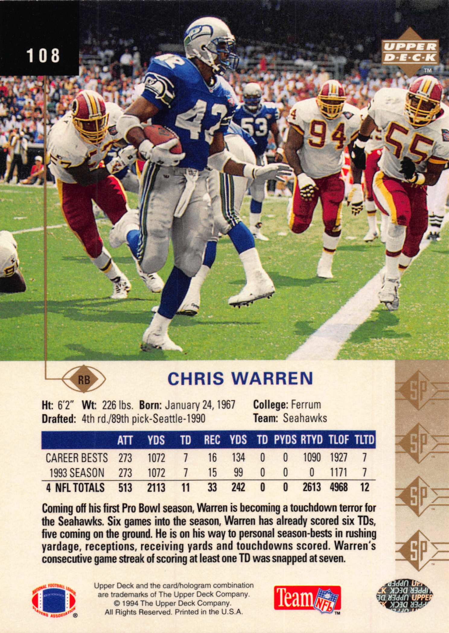 1994 SP (Upper Deck) Football "Main Set" Cards #1 to #200 Rookies and Veterans - Picture 211 of 393