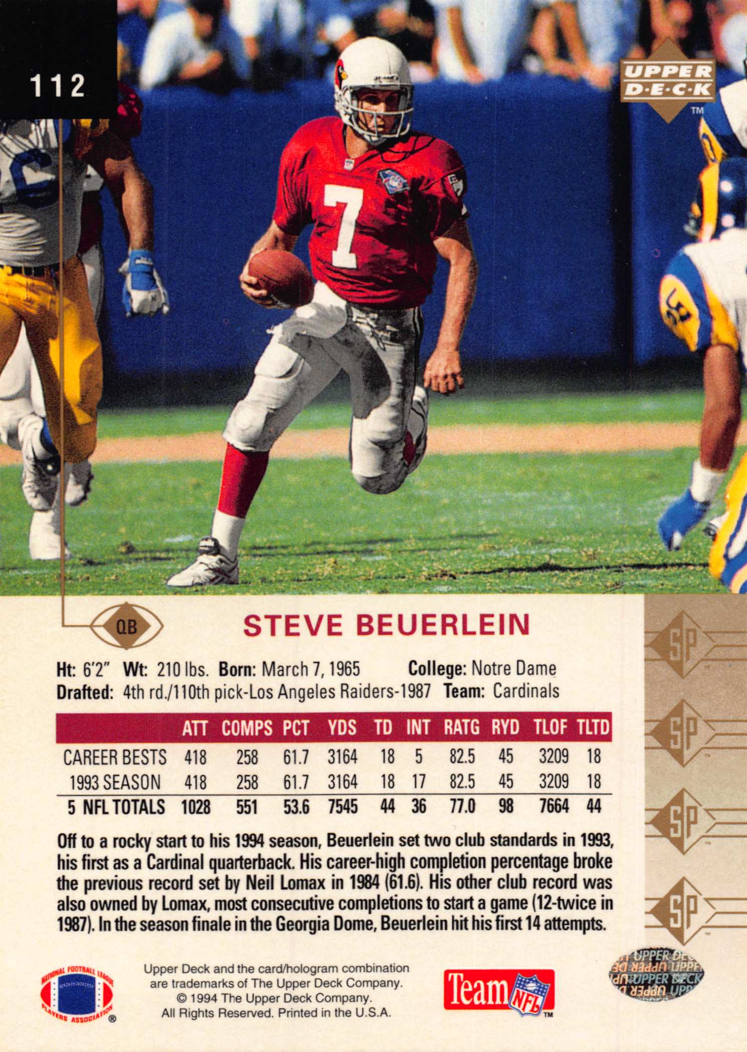 1994 SP (Upper Deck) Football "Main Set" Cards #1 to #200 Rookies and Veterans - Picture 217 of 393