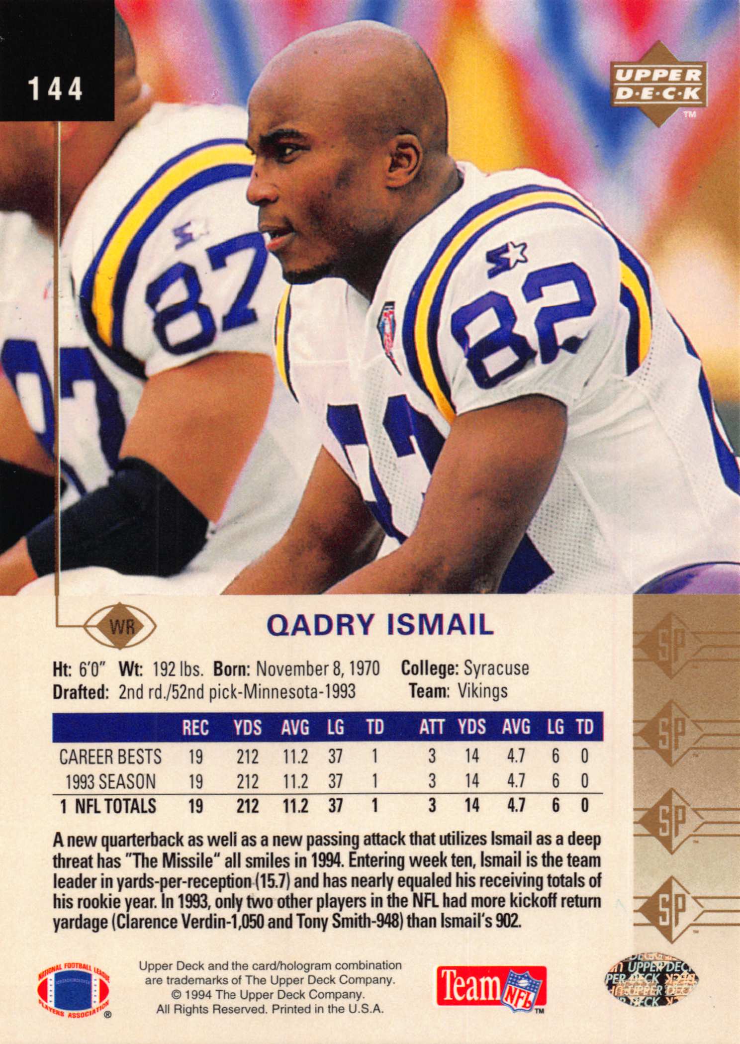 1994 SP (Upper Deck) Football "Main Set" Cards #1 to #200 Rookies and Veterans - Picture 281 of 393