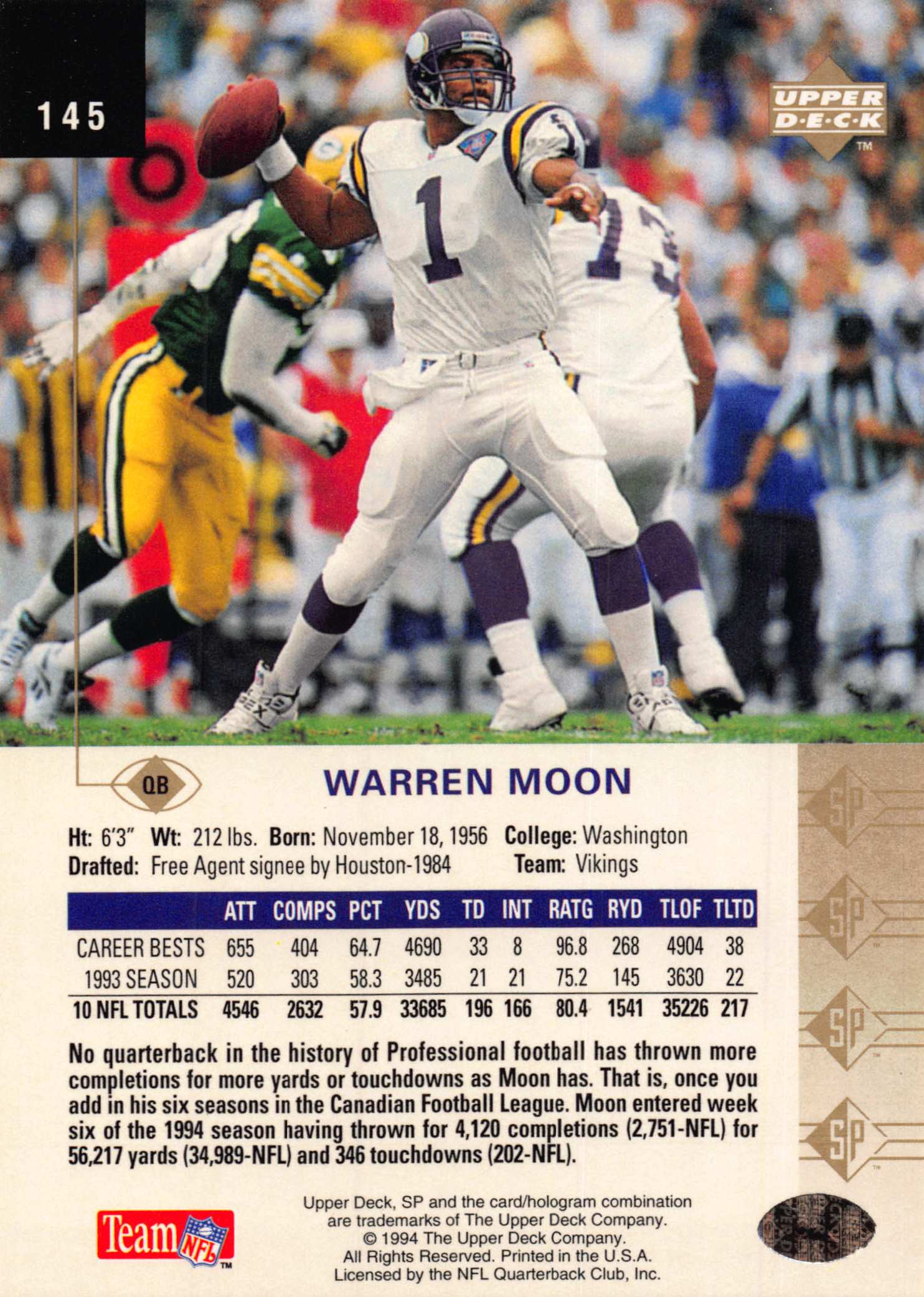 1994 SP (Upper Deck) Football "Main Set" Cards #1 to #200 Rookies and Veterans - Picture 283 of 393