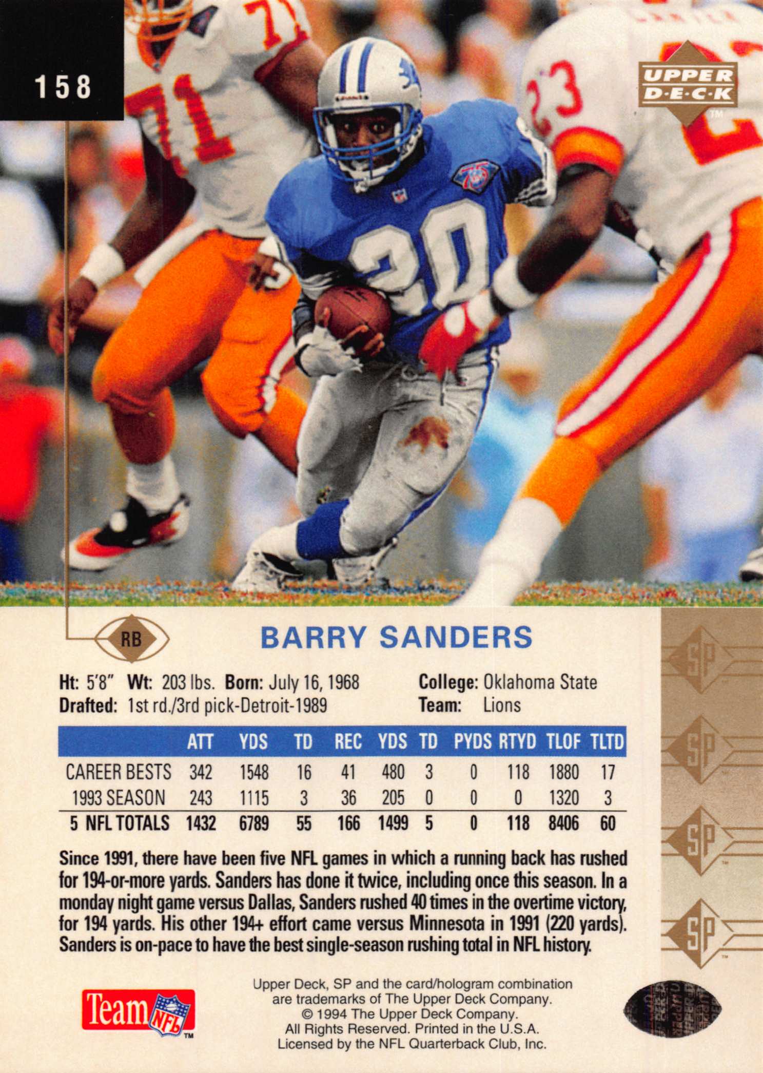 1994 SP (Upper Deck) Football "Main Set" Cards #1 to #200 Rookies and Veterans - Picture 309 of 393