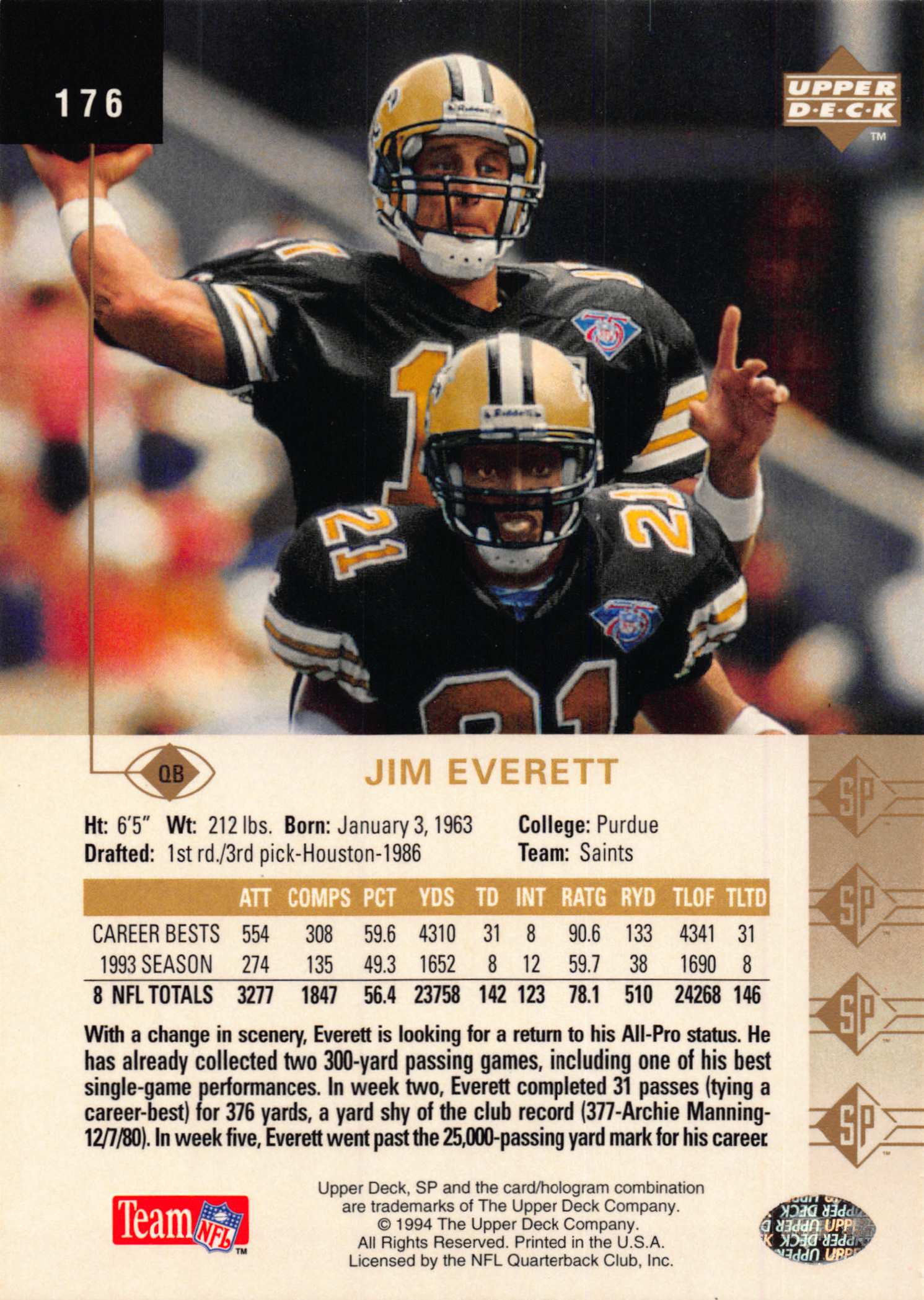 1994 SP (Upper Deck) Football "Main Set" Cards #1 to #200 Rookies and Veterans - Picture 345 of 393