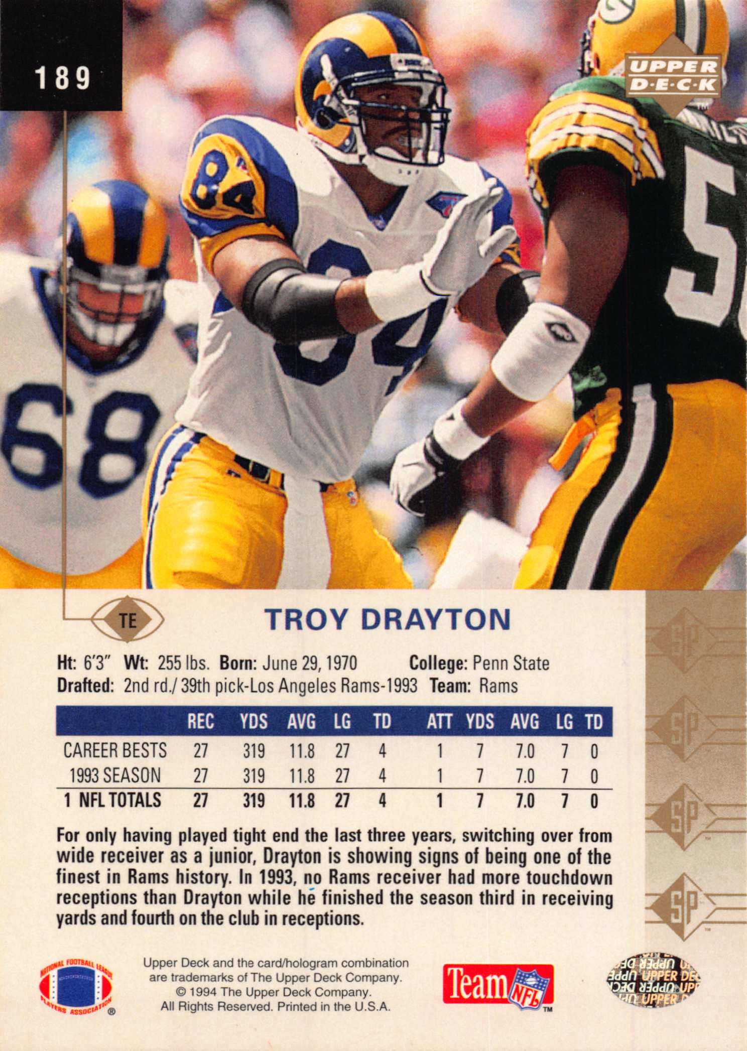 1994 SP (Upper Deck) Football "Main Set" Cards #1 to #200 Rookies and Veterans - Picture 371 of 393