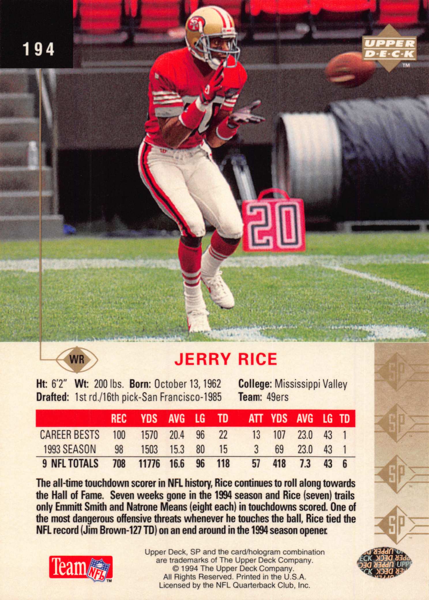 1994 SP (Upper Deck) Football "Main Set" Cards #1 to #200 Rookies and Veterans - Picture 381 of 393