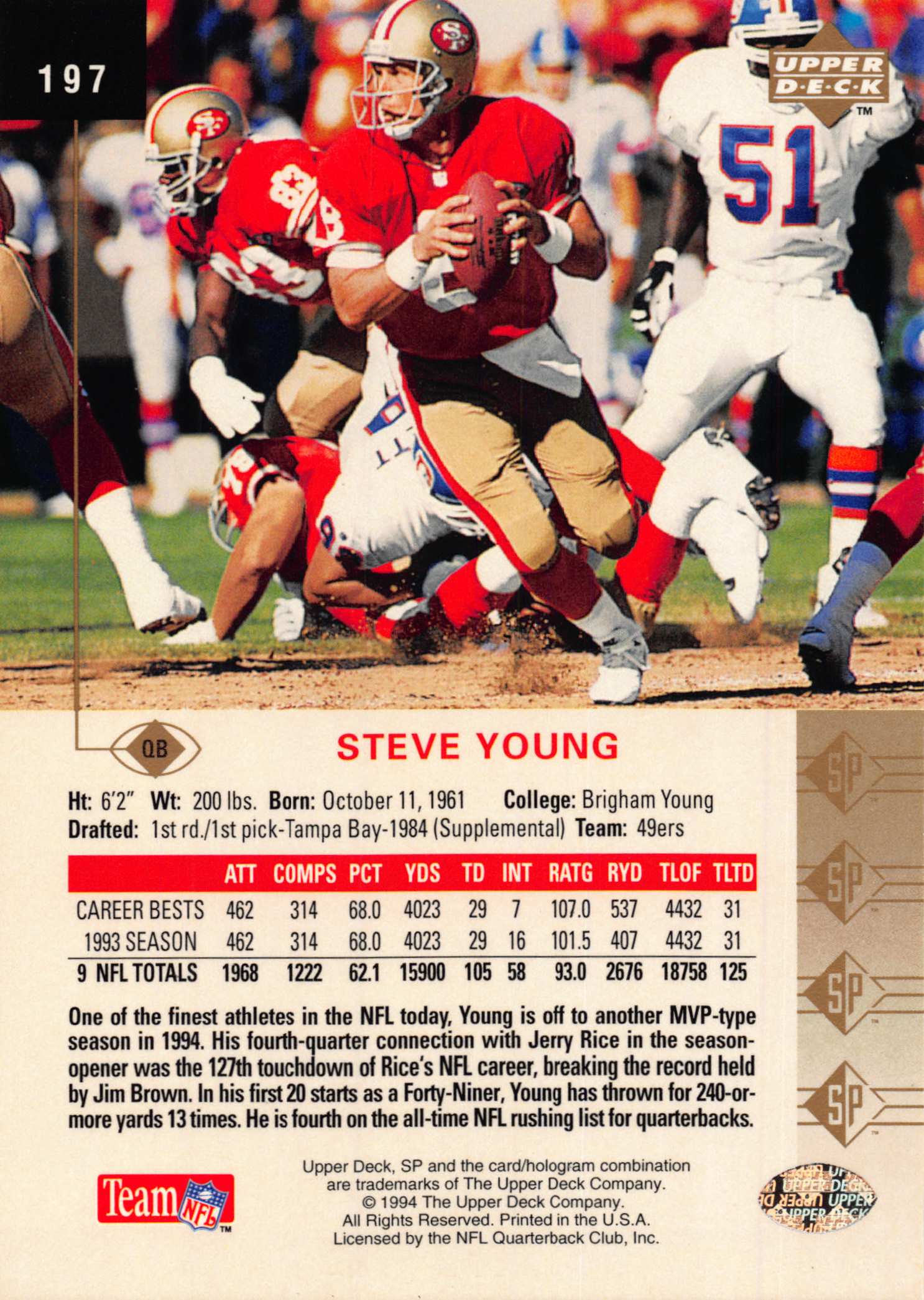1994 SP (Upper Deck) Football "Main Set" Cards #1 to #200 Rookies and Veterans - Picture 387 of 393