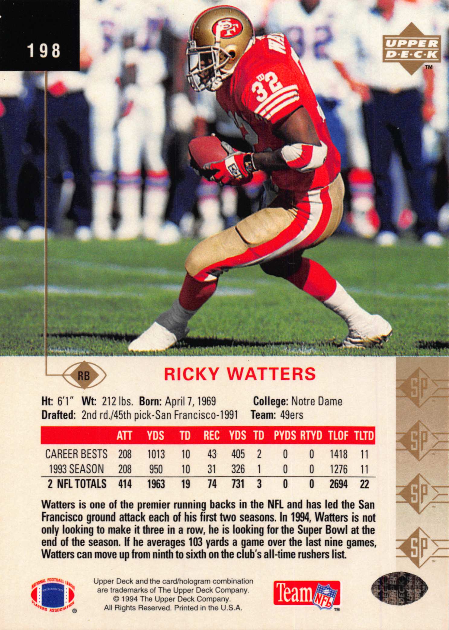 1994 SP (Upper Deck) Football "Main Set" Cards #1 to #200 Rookies and Veterans - Picture 389 of 393