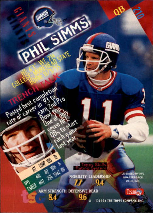 1994 Stadium Club Football "Main Set" Cards #1 to #250 Rookies and Veterans - Picture 417 of 497