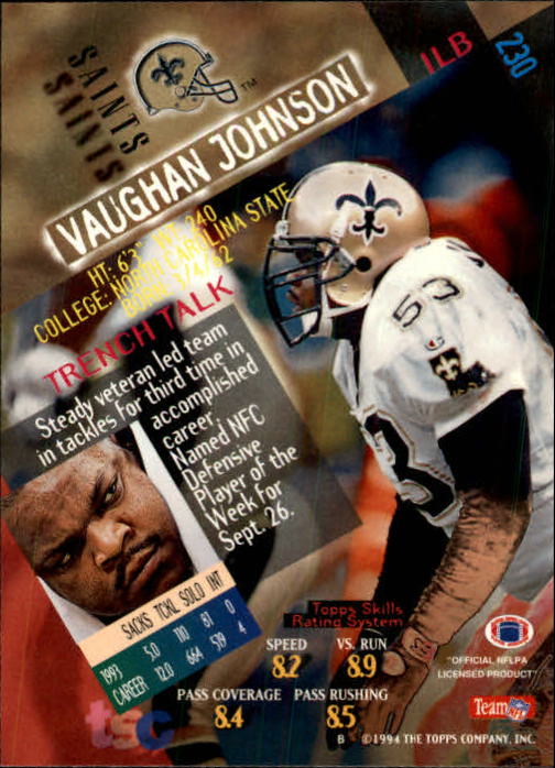 1994 Stadium Club Football "Main Set" Cards #1 to #250 Rookies and Veterans - Picture 457 of 497