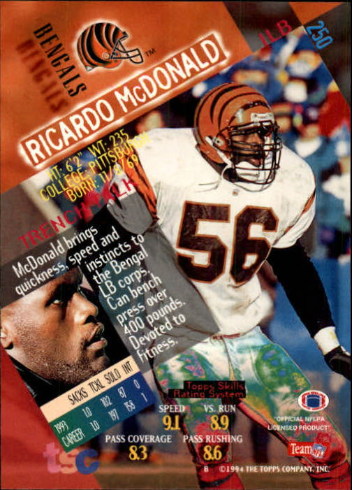 1994 Stadium Club Football "Main Set" Cards #1 to #250 Rookies and Veterans - Picture 497 of 497