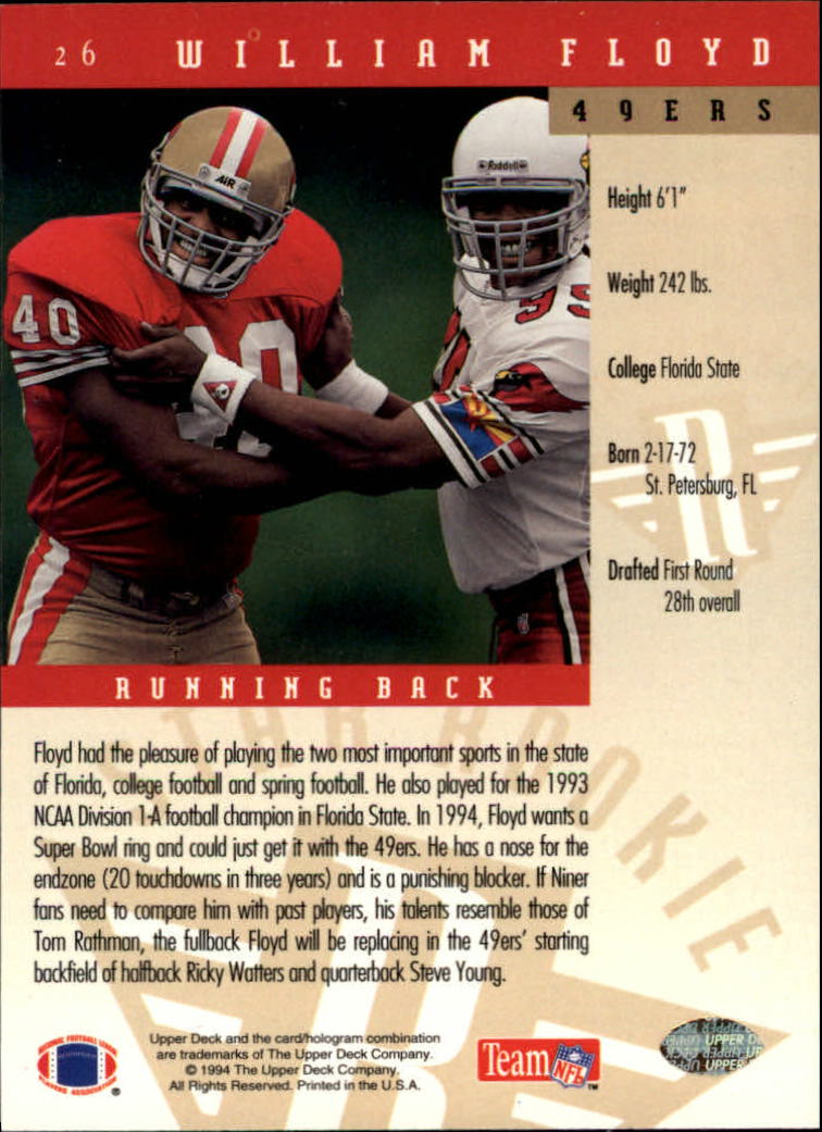 1994 Upper Deck Football "Main Set" Cards #1 to #200 Rookies and Veterans - Picture 53 of 402