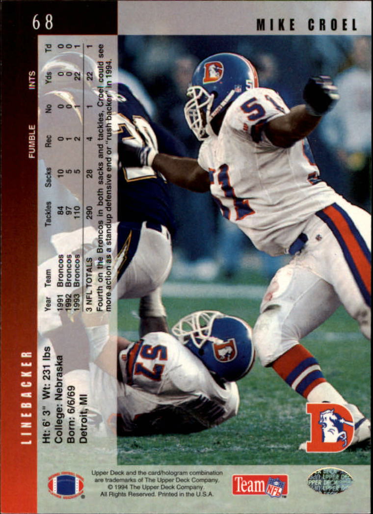 1994 Upper Deck Football "Main Set" Cards #1 to #200 Rookies and Veterans - Picture 137 of 402