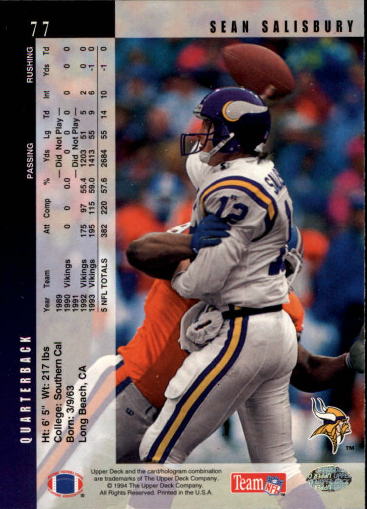 1994 Upper Deck Football "Main Set" Cards #1 to #200 Rookies and Veterans - Picture 155 of 402