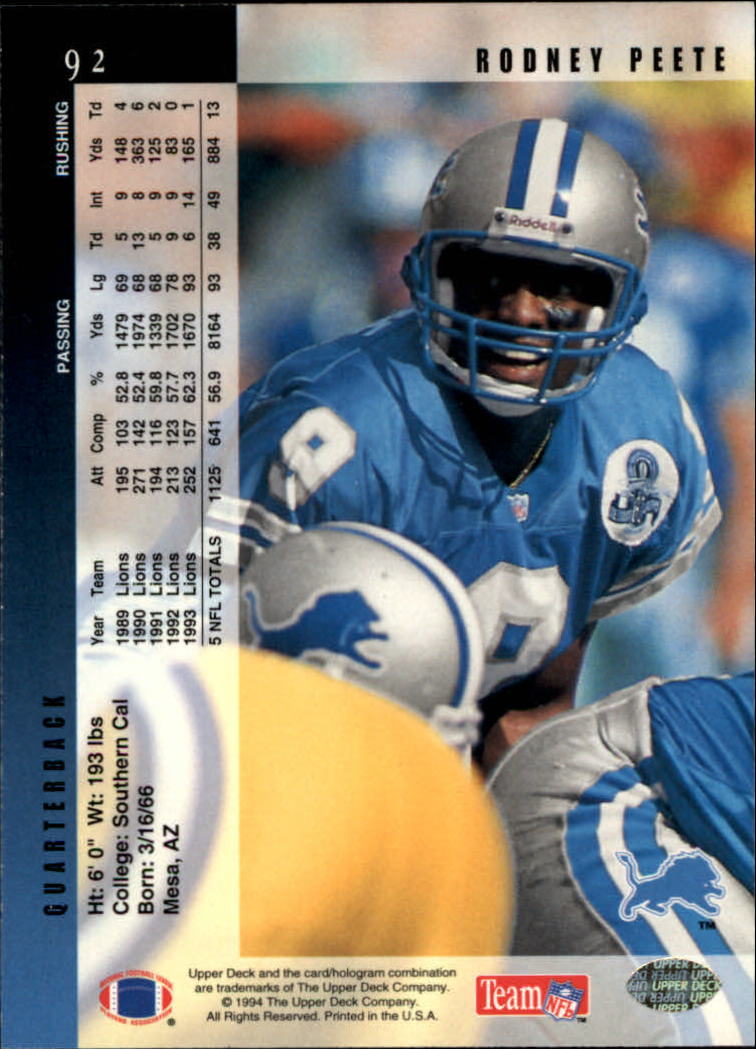 1994 Upper Deck Football "Main Set" Cards #1 to #200 Rookies and Veterans - Picture 185 of 402