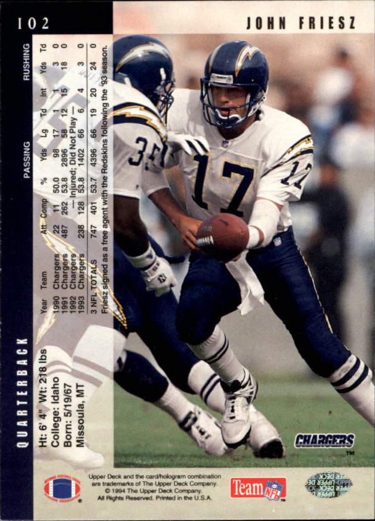 1994 Upper Deck Football "Main Set" Cards #1 to #200 Rookies and Veterans - Picture 205 of 402
