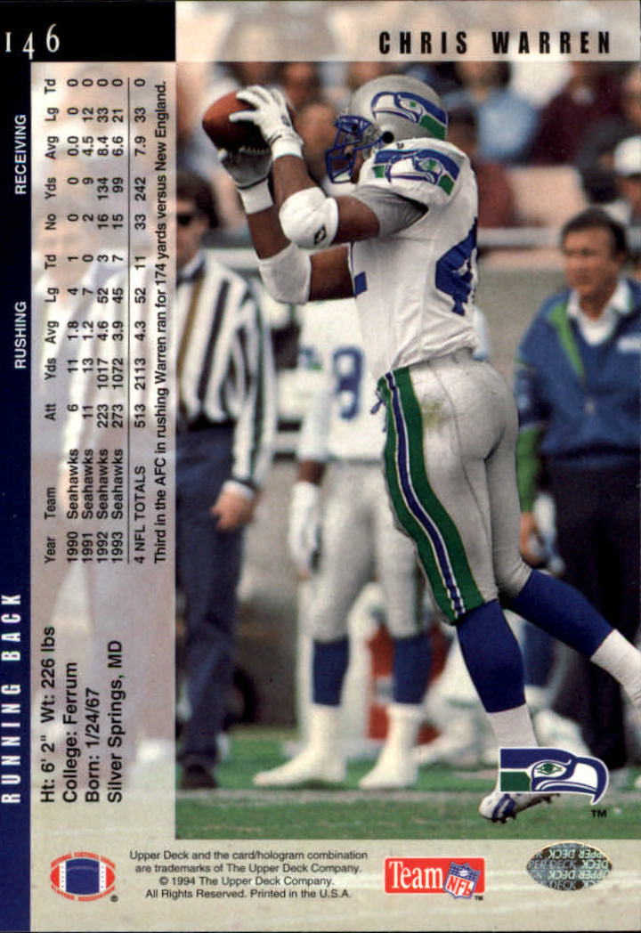 1994 Upper Deck Football "Main Set" Cards #1 to #200 Rookies and Veterans - Picture 293 of 402