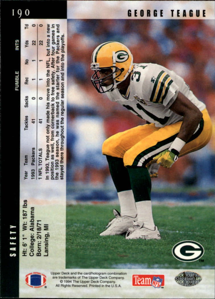 1994 Upper Deck Football "Main Set" Cards #1 to #200 Rookies and Veterans - Picture 382 of 402