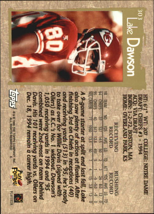 1996 Topps Football "Main Set" Cards #221 to #440 Rookies and Veterans - Picture 121 of 299