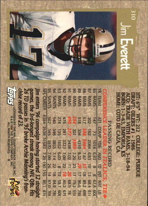 1996 Topps Football "Main Set" Cards #221 to #440 Rookies and Veterans - Picture 129 of 299