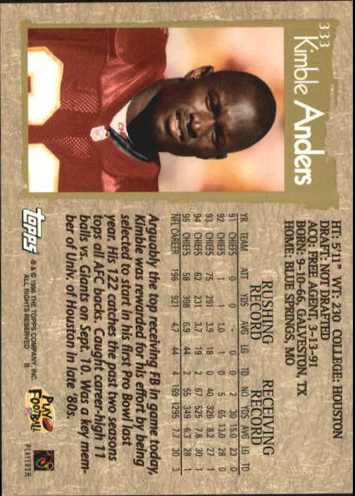 1996 Topps Football "Main Set" Cards #221 to #440 Rookies and Veterans - Picture 155 of 299