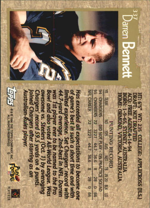 1996 Topps Football "Main Set" Cards #221 to #440 Rookies and Veterans - Picture 161 of 299